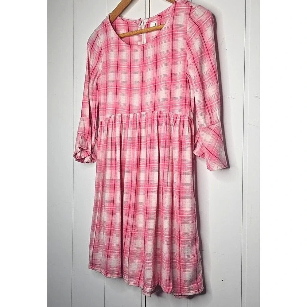 Gap Kids Plaid Babydoll Dress Girls XXL Pink White Bell Sleeve Zip Back